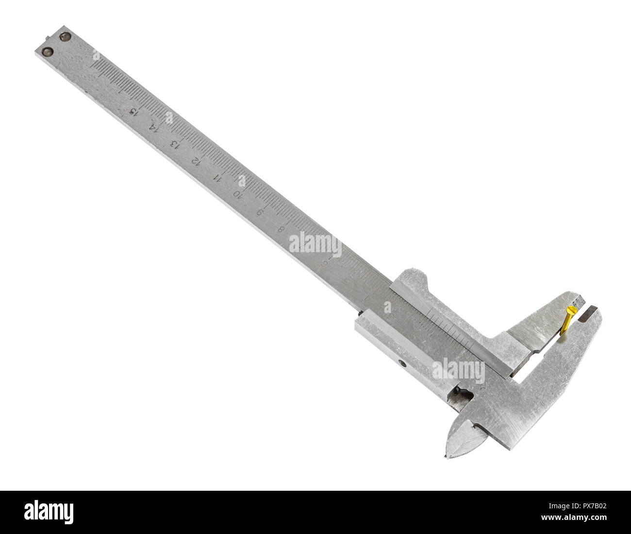 Voir ci-dessus de vieilles mesures étriers en acier vis laiton isolé sur fond blanc Banque D'Images