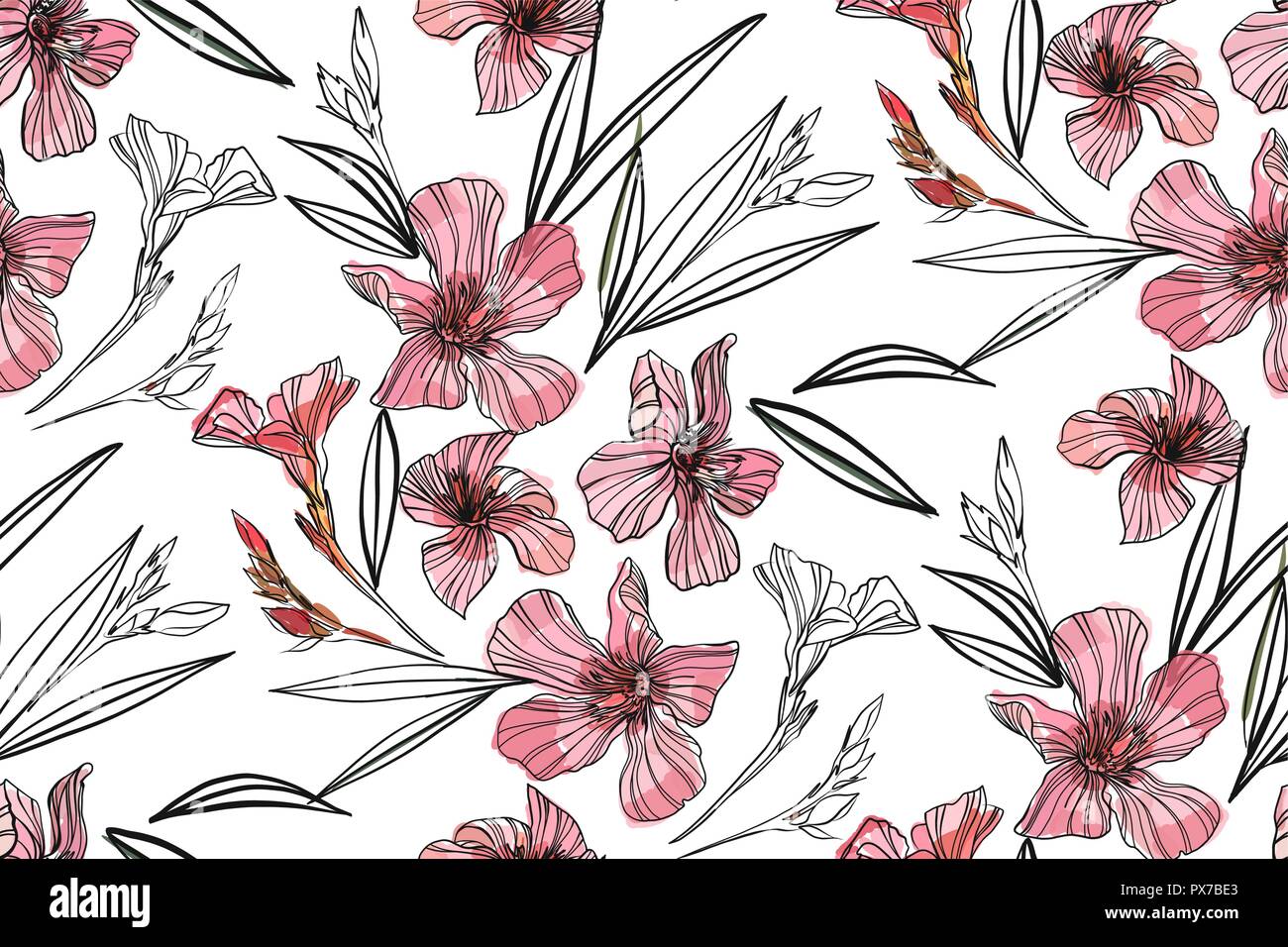 Modèle sans couture de lauriers roses. Illustration botanique faites à la main. Vector floral design pour la mode imprime, album, papier d'emballage. Illustration de Vecteur