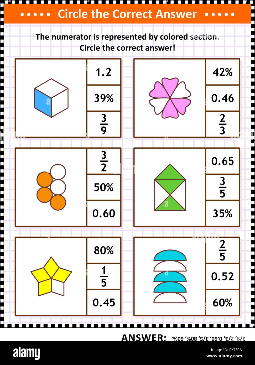 La formation de compétences mathématiques puzzle visuel ou feuille de calcul. Entourer la bonne réponse. Trouver le nombre équivalent pour chaque fraction picturale de la représentation. Réponse inclus. Illustration de Vecteur