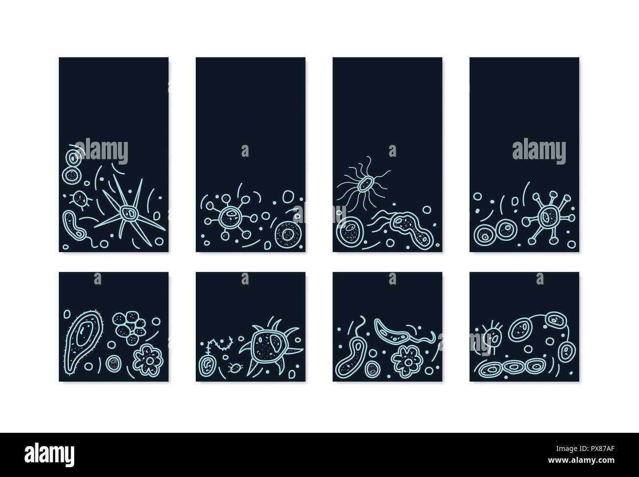 Ensemble de cellules de bactéries fluorescentes des modèles pour les médias sociaux. L'espace vide avec antécédents pour le texte. Histoire et couvre les postes pour les réseaux. Vector dood Illustration de Vecteur