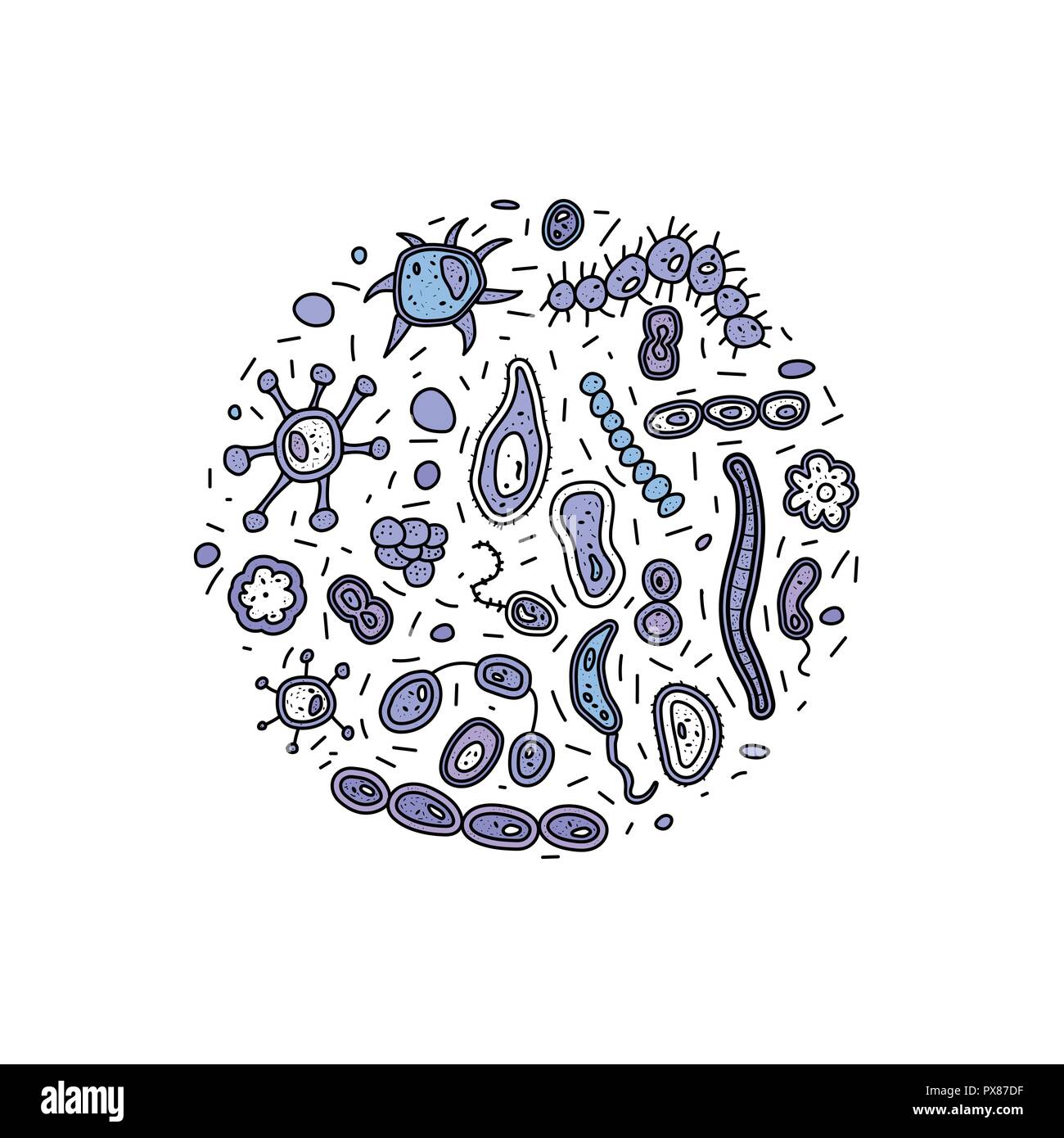 Les cellules des bactéries badge rond. Collection de micro-organismes. Style doodle vecteur composition. Illustration de Vecteur