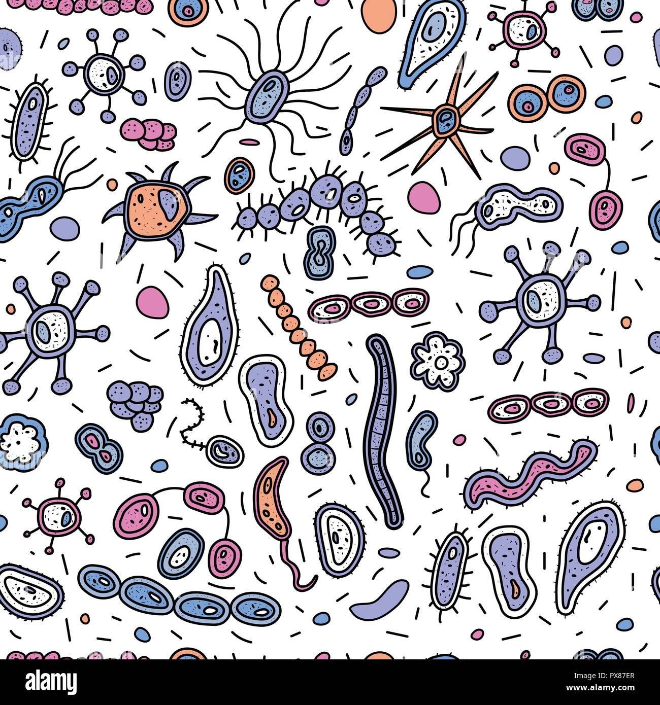 Les cellules de bactéries modèle homogène. Collection de micro-organismes. Style doodle vecteur composition. Illustration de Vecteur