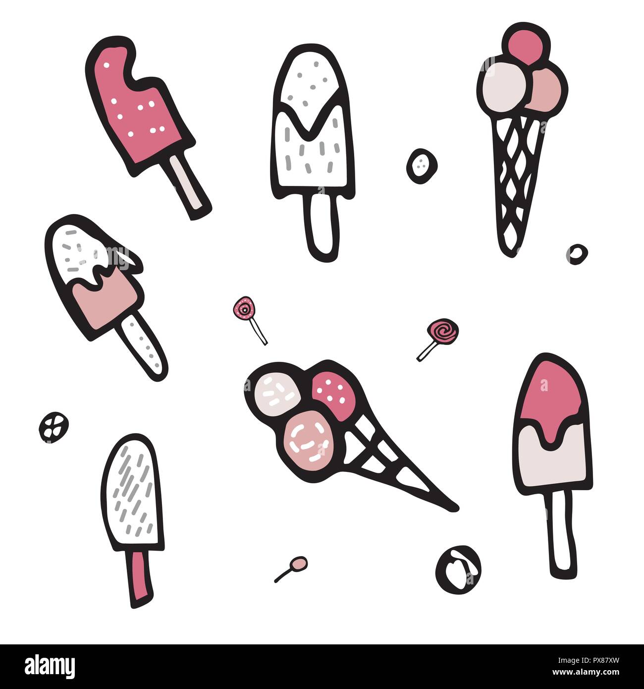 Style Doodle jeu de la crème glacée. Vector illustration. Illustration de Vecteur