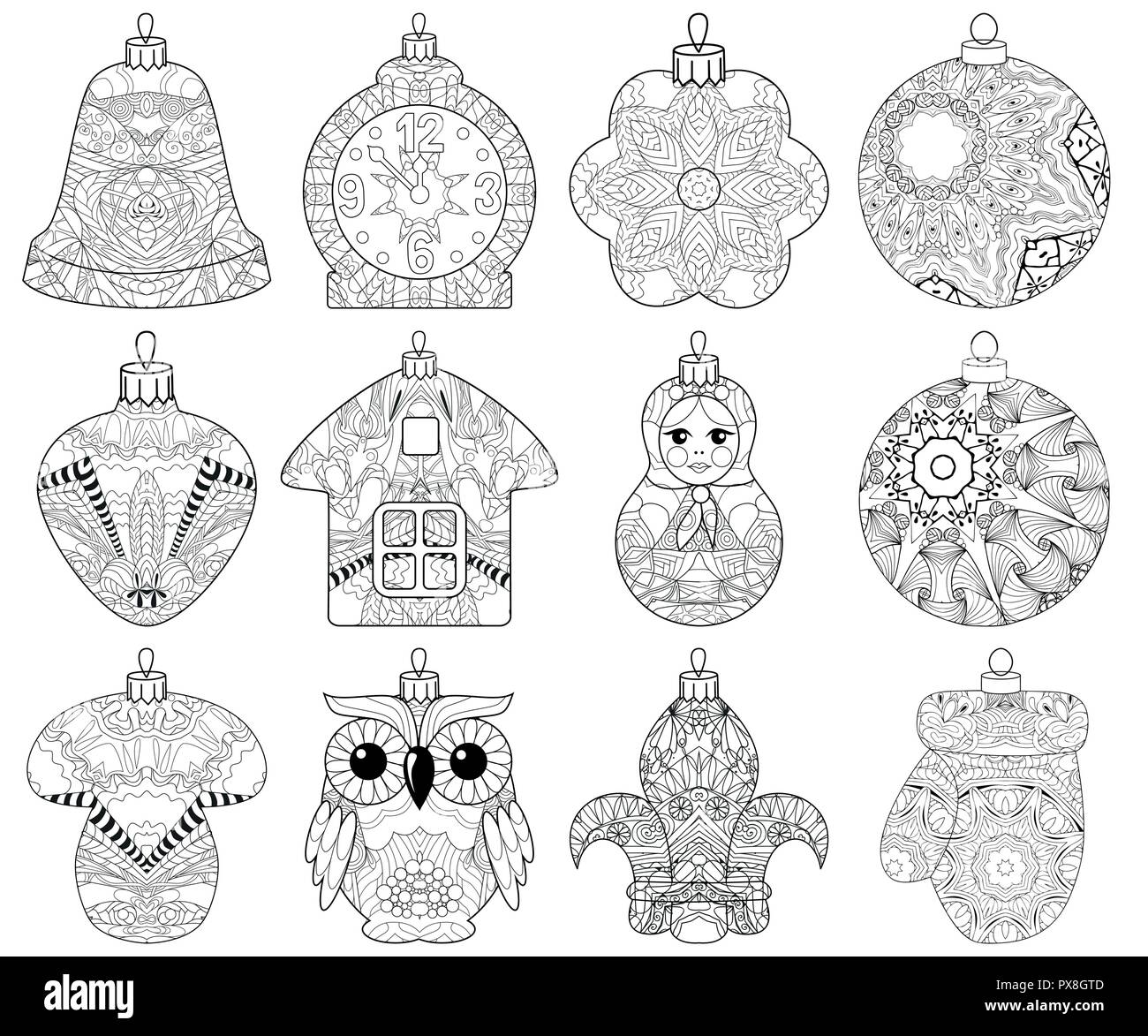 Ensemble de décorations de Noël de style zentangle aux lignes épurées pour un livre à colorier pour anti stress, t-shirt, tatouage et autres décorations Illustration de Vecteur