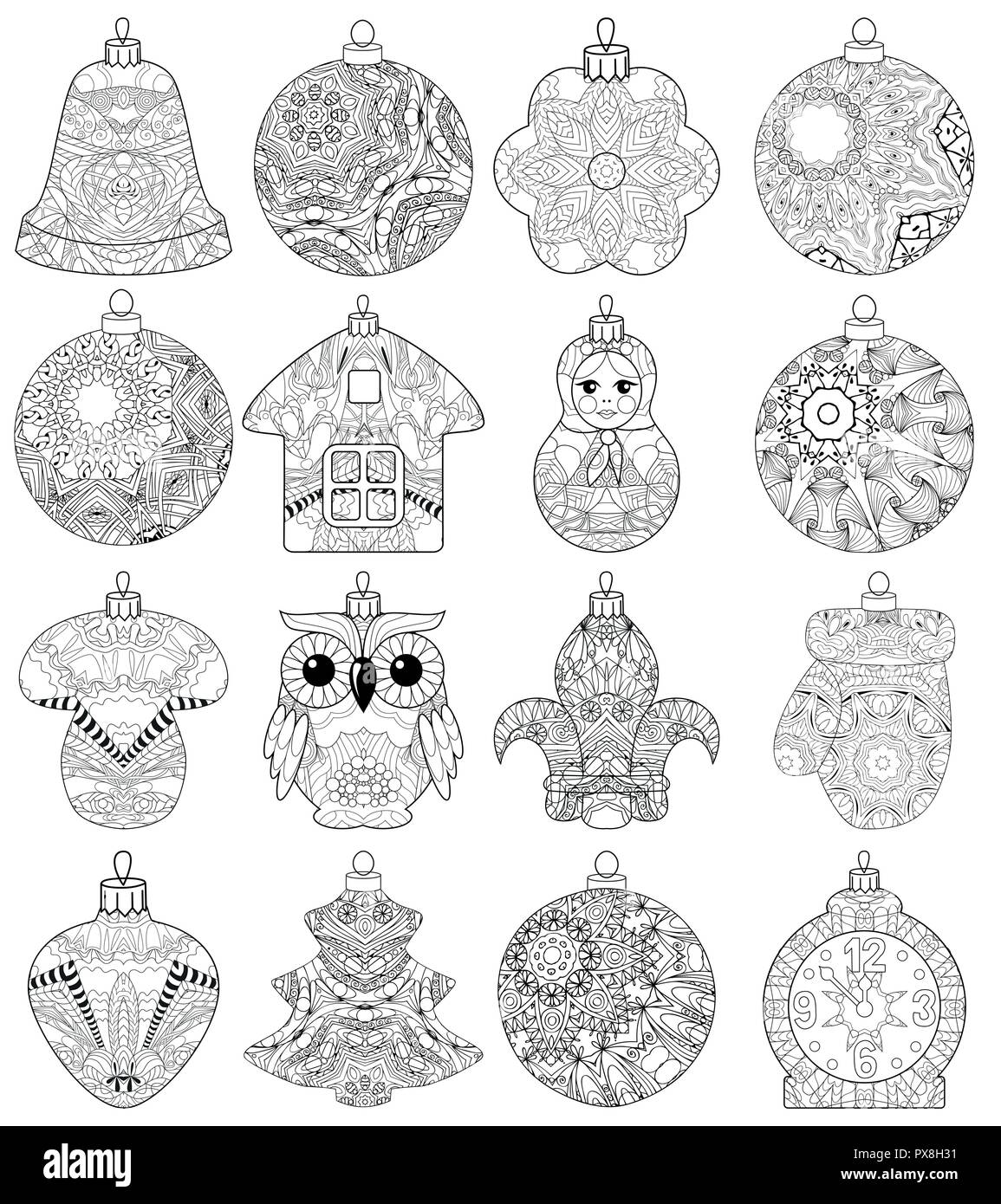 Ensemble de décorations de Noël de style zentangle aux lignes épurées pour un livre à colorier pour anti stress, t-shirt, tatouage et autres décorations Illustration de Vecteur