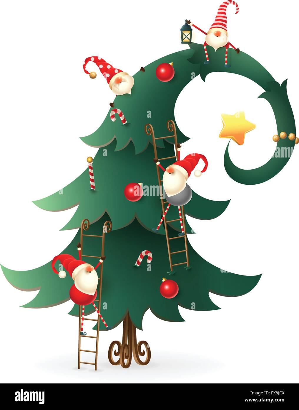 Arbre de Noël décoré avec des Gnomes Scandinaves qui montent sur tout arbre - fond transparent Illustration de Vecteur