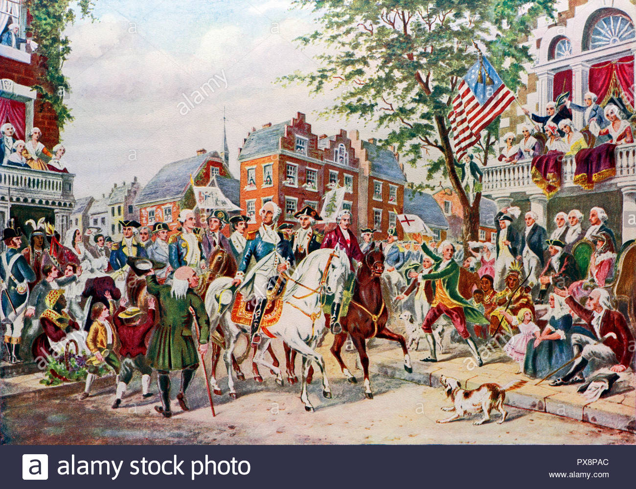 Le président élu George Washington est entré à New York le 23 avril 1789, illustration en couleur de c1900 Banque D'Images
