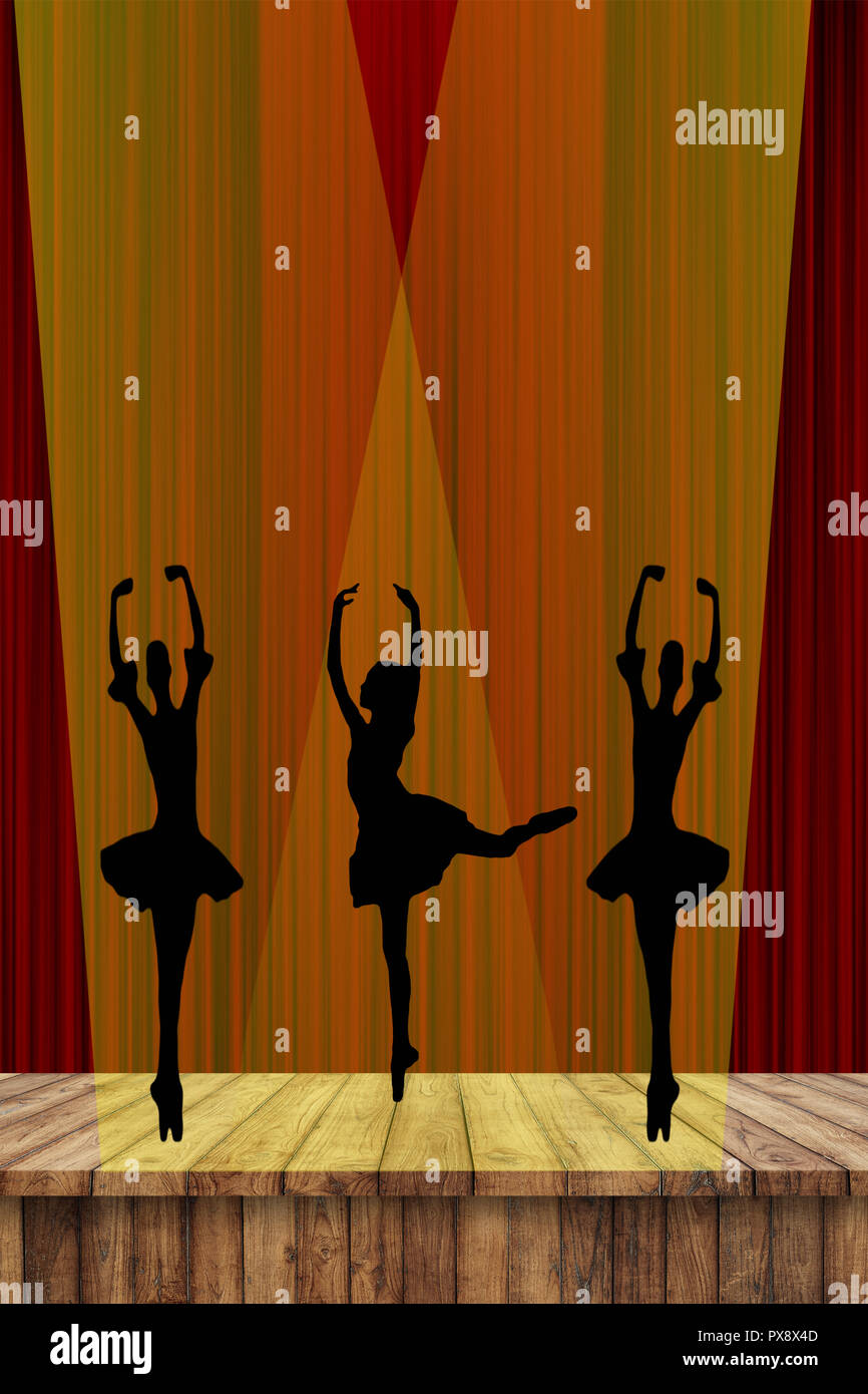 Filles de ballet silhouettes de ballerines de danse sur scène à l'honneur avec un rideau rouge contexte Banque D'Images