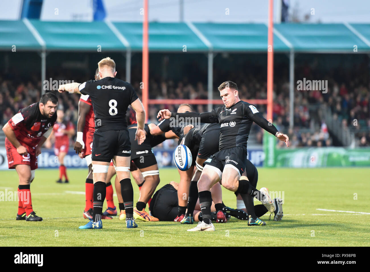 Au cours de la Coupe des Champions d'Europe de Rugby, 2 Ronde, piscine 3 Correspondance entre les Saracens et Lyon à l'Allianz Park le samedi 20 octobre 2018. Londres en Angleterre. (Usage éditorial uniquement, licence requise pour un usage commercial. Aucune utilisation de pari, de jeux ou d'un seul club/ligue/dvd publications.) Banque D'Images
