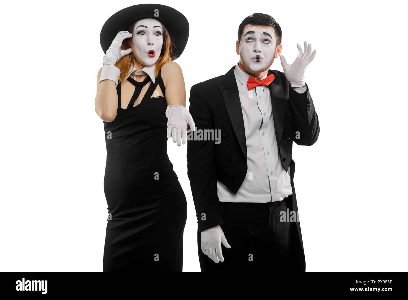 Deux mimes talking on phone Banque D'Images
