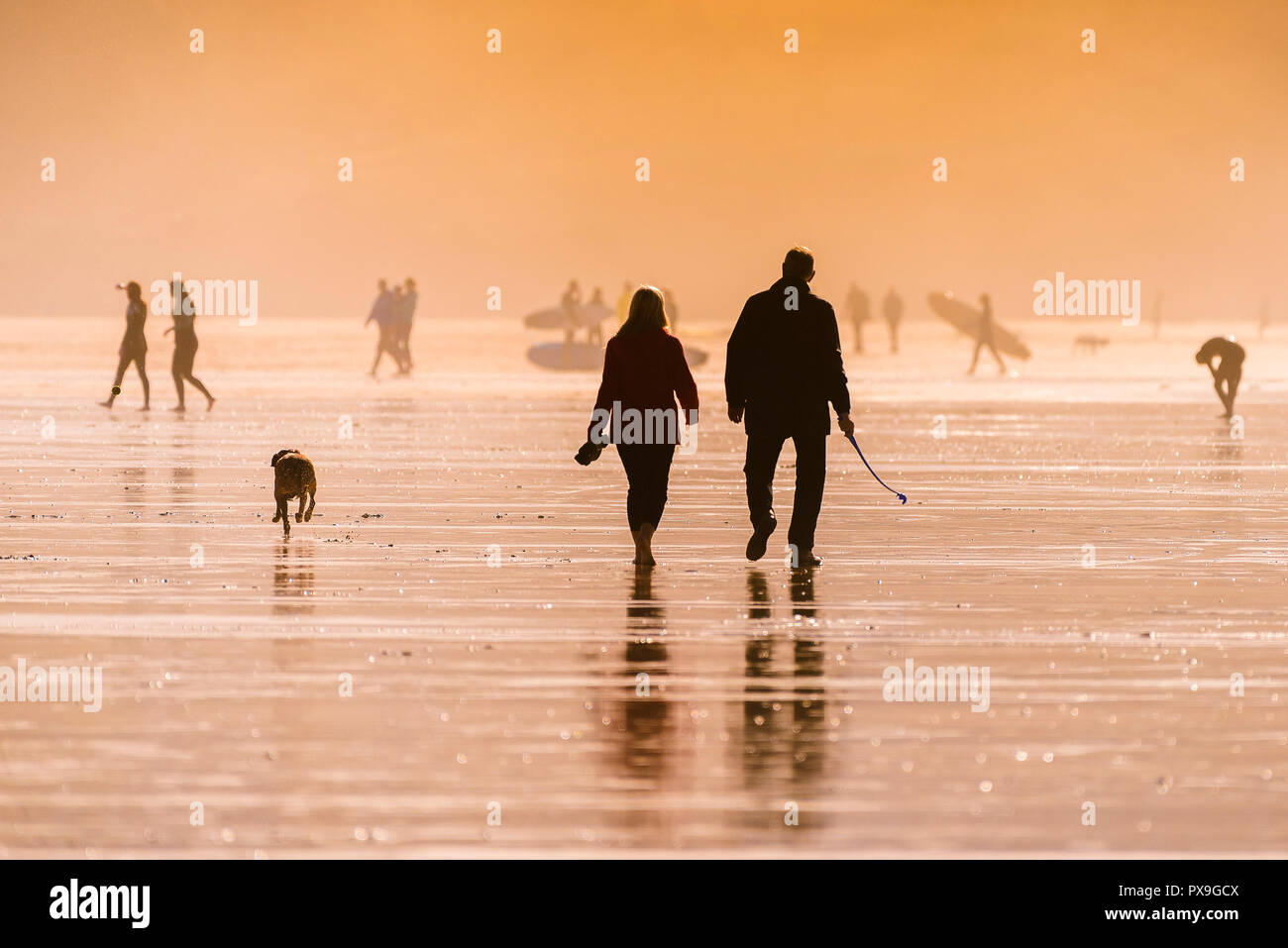 Les gens marcher leur chien sur la plage de Fistral en fin de soirée la lumière. Banque D'Images