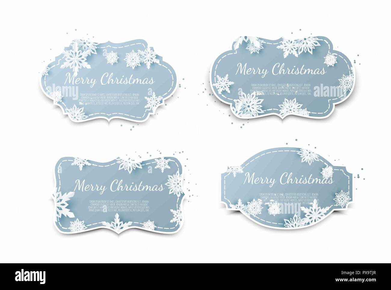 Ensemble d'étiquettes de papier bleu avec fond de noël. Illustration de Vecteur