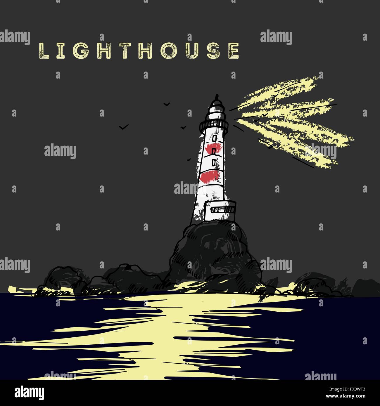 Phare de nuit vector illustration. Dessinés à la main, croquis couleur Seamark. Illustration de Vecteur