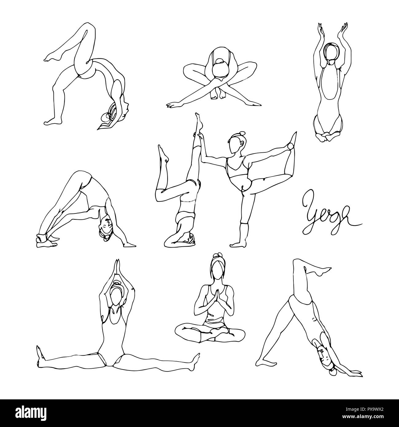 Femme dans différentes postures de yoga esquisse dessinée à la main. Exercices de yoga femme seule ligne. Illustration de Vecteur