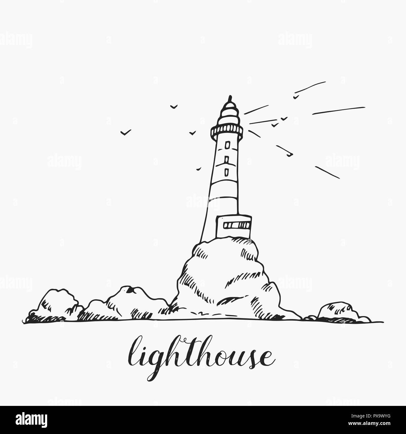 Phare a main dessiné contours croquis. Sur les falaises phare isolé sur fond blanc. Illustration de Vecteur