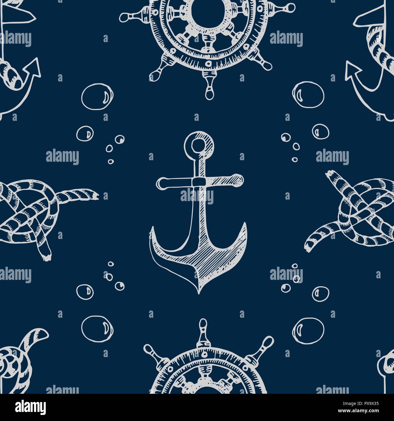 Thème nautique transparente bleu motif. Hand drawn seamless background éléments maritimes. Illustration de Vecteur