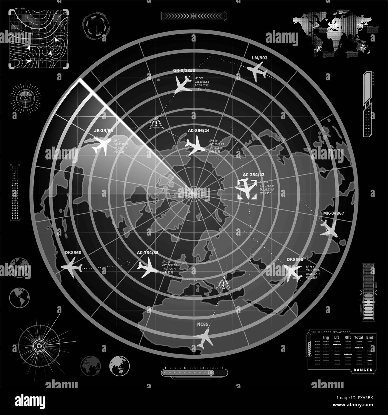 L'affichage radar militaire blanc avec des avions et des traces sombres sur cible signer Illustration de Vecteur