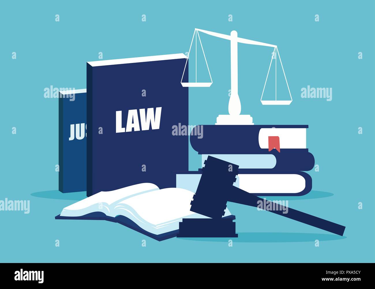 Conception simple des éléments du système juridique avec des livres et des écailles sur fond bleu Illustration de Vecteur