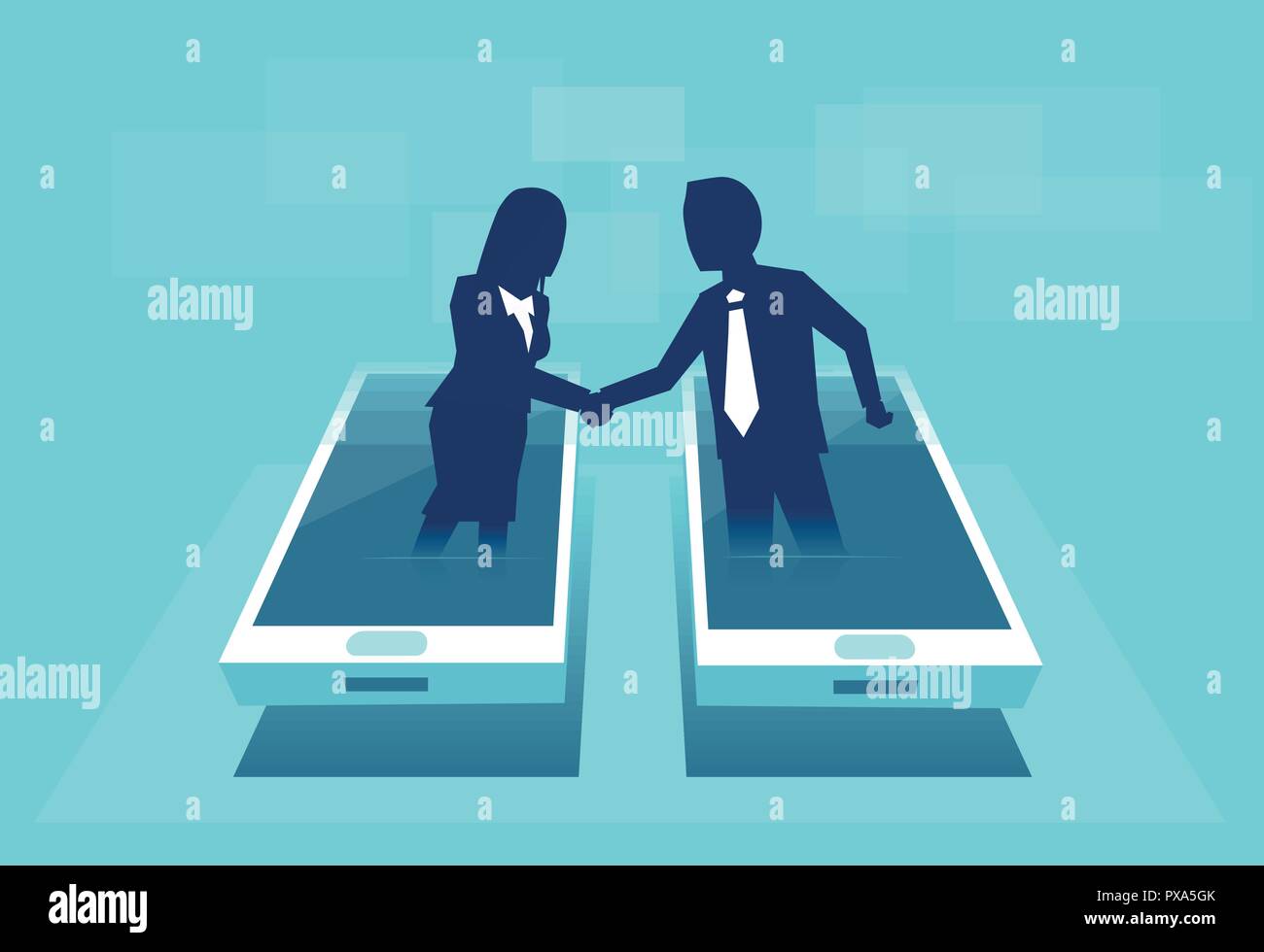 Affaires en ligne communication concept. Vecteur de businesspeople shaking hands par affichage d'un téléphone intelligent. Illustration de Vecteur