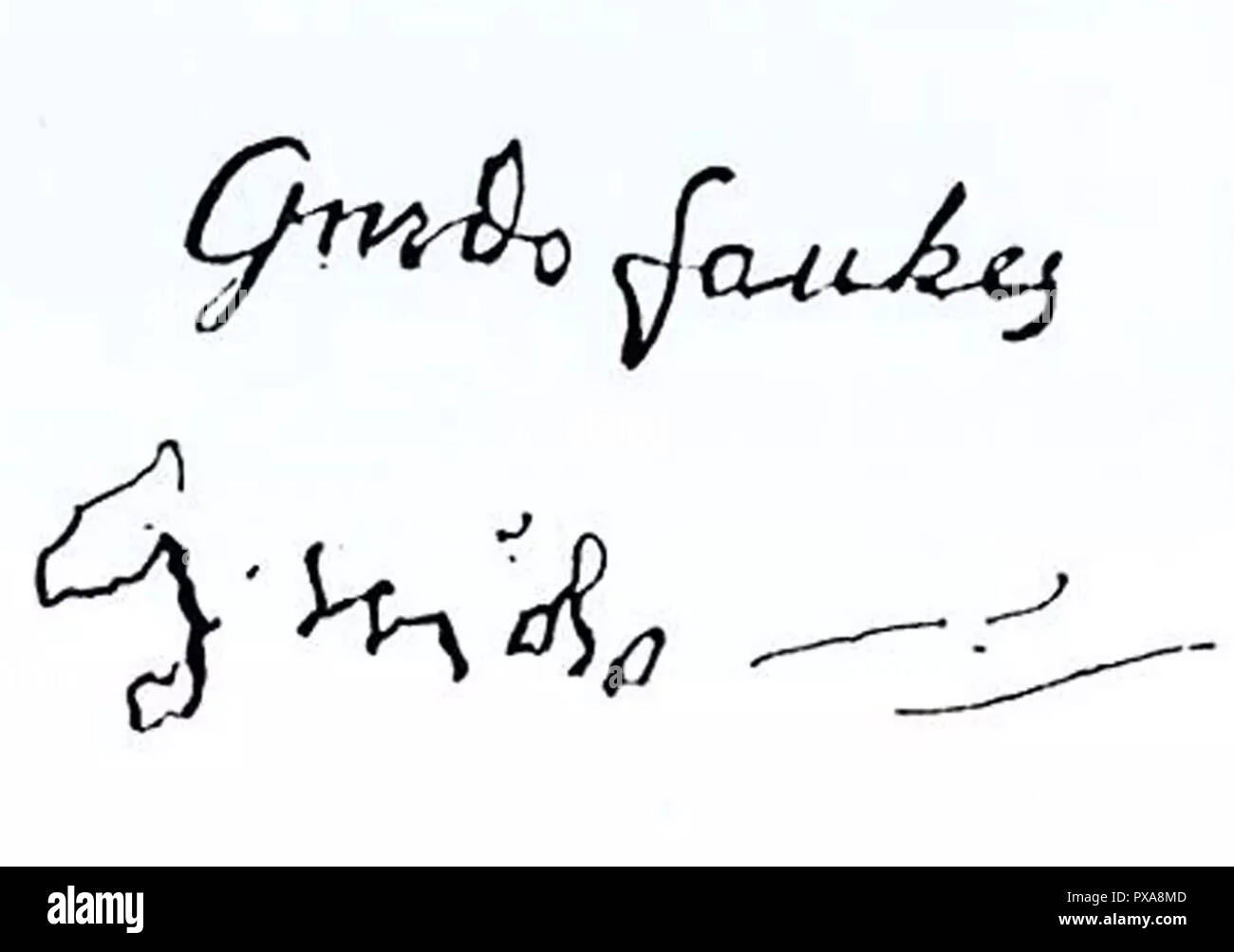 GUY FAWKES ((Guido Fawkes) 1570-1606) Signature de l'un des traceurs de poudre de 1605, avant et après la torture. Banque D'Images