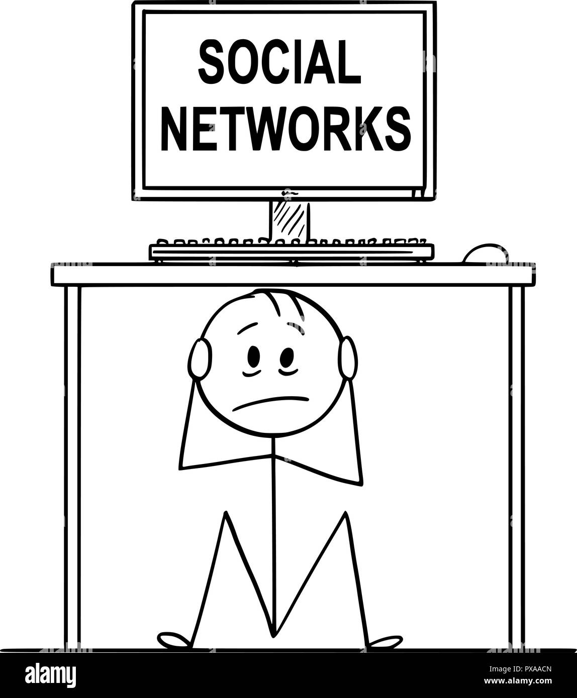 Caricature de l'homme ou couple caché sous un bureau avec ordinateur et réseaux sociaux Text Illustration de Vecteur