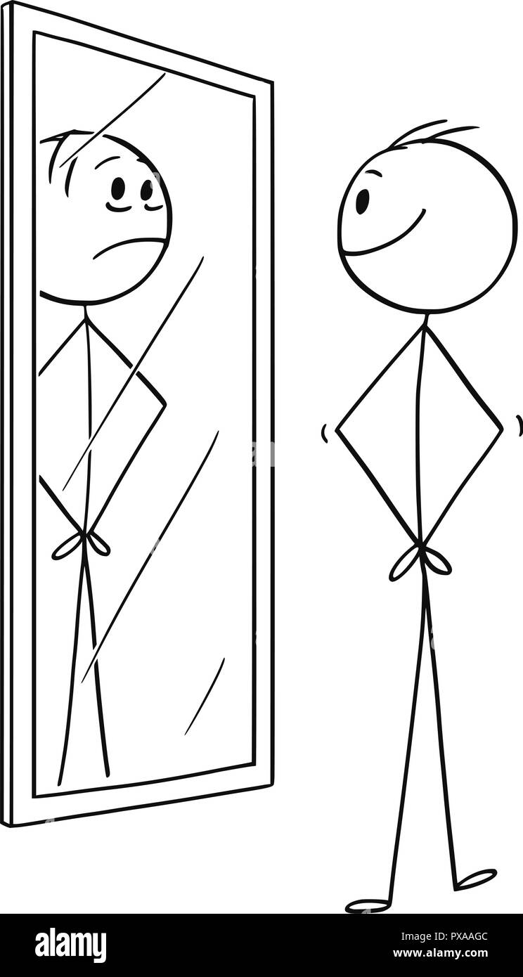 Caricature de Smiling Brunette en se regardant dans le miroir, mais triste de voir vous-même déprimé Illustration de Vecteur