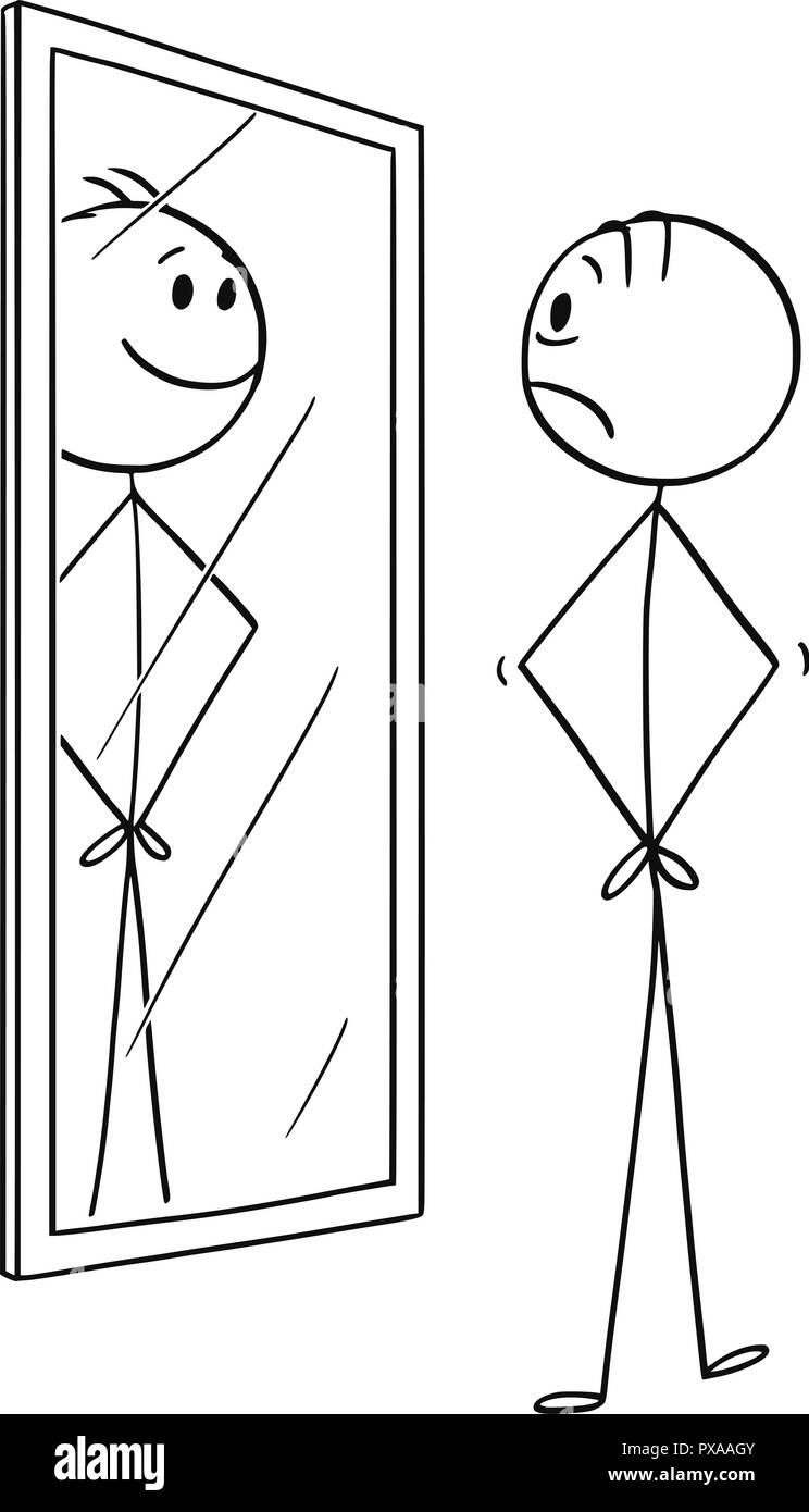 Caricature de l'homme triste en se regardant dans le miroir mais en voyant sourire joyeux vous-même Illustration de Vecteur