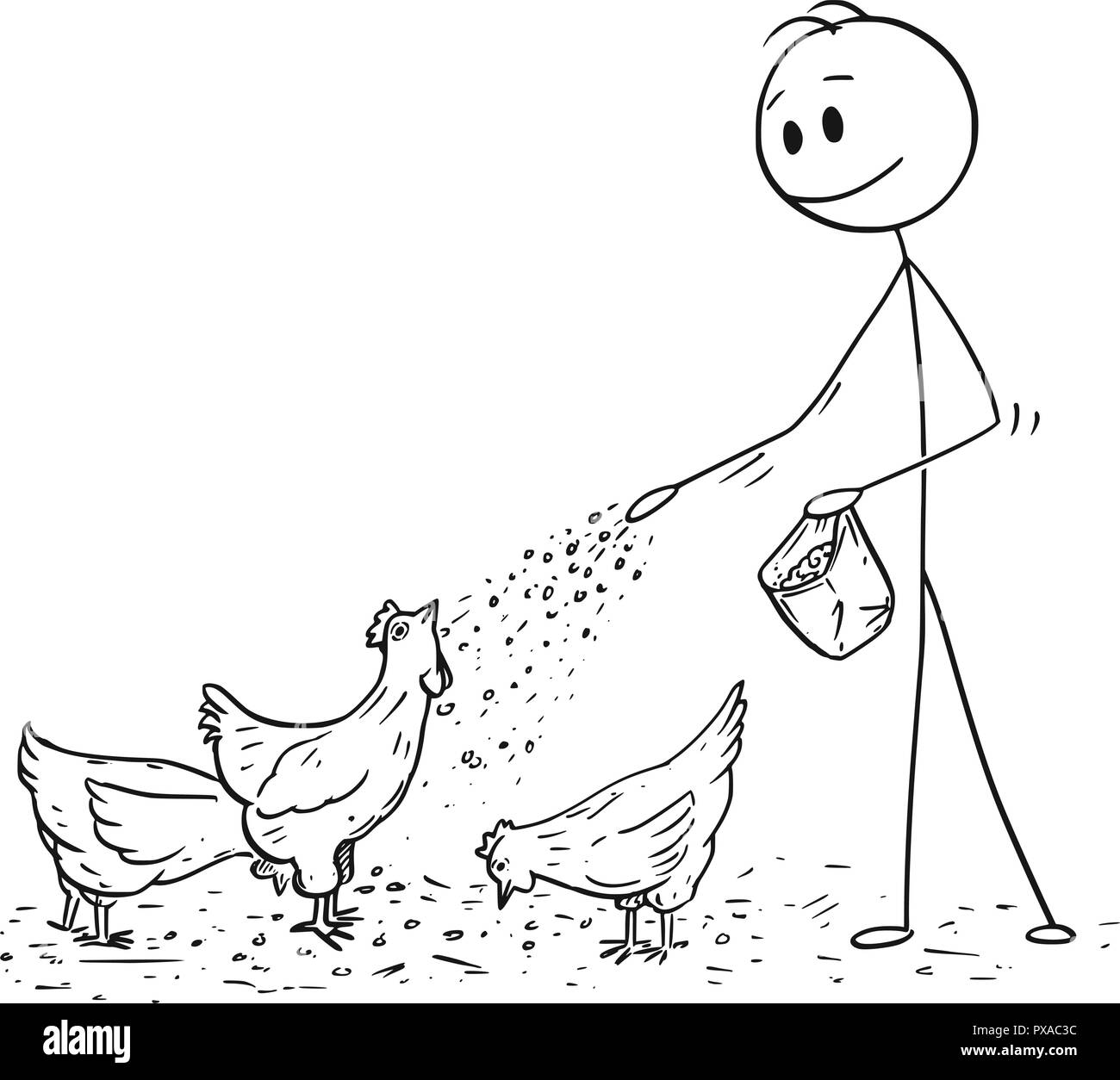 Caricature de l'homme ou de l'agriculteur ou l'alimentation des poules pondeuses Illustration de Vecteur