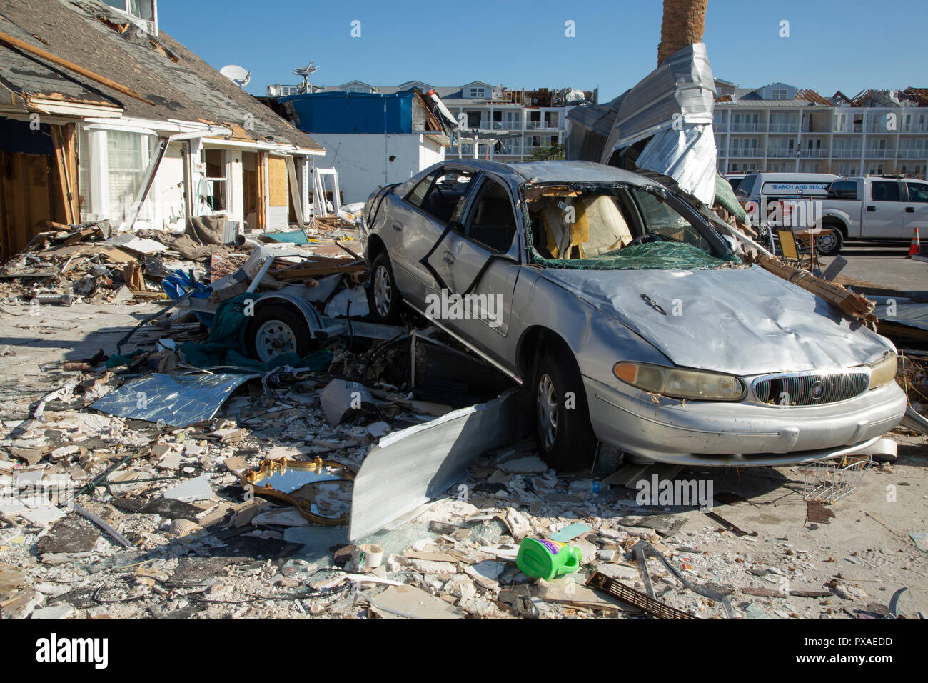Mexique Beach (Floride), 18 octobre 2018 - les dommages de foyers et d'entreprises au Mexique Beach après l'ouragan Michael a déferlé sur la ville. Les vents extrêmes et des ondes de tempête détruit les foyers et les entreprises le long de la côte. La CPS. Andrea Serhan/CAISE Banque D'Images