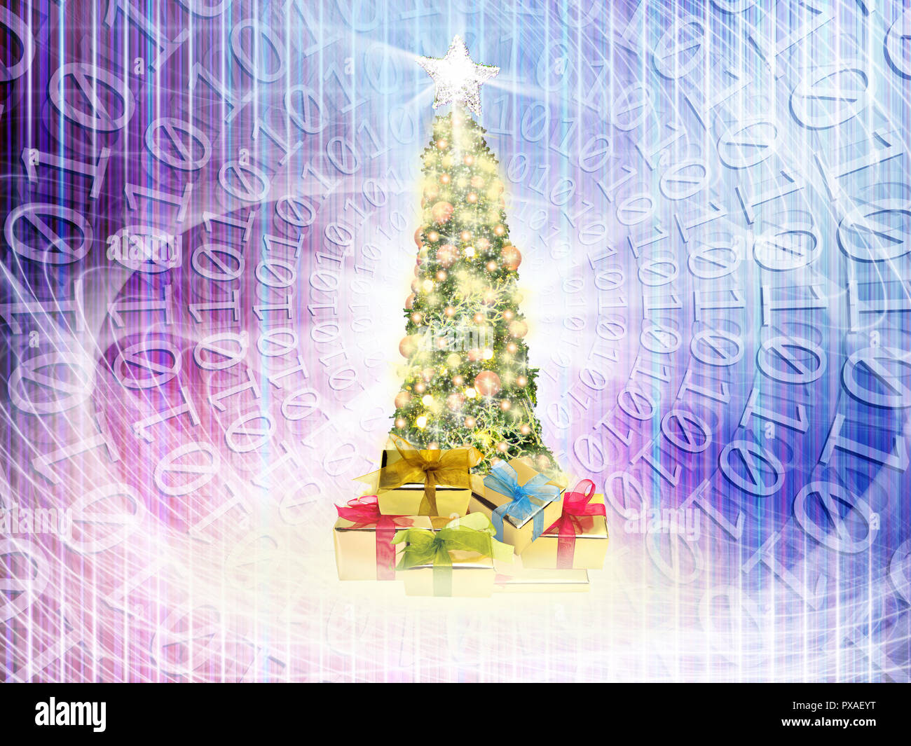 Close up conceptuel brillant décoration arbre de Noël en lumières structurelles abstraites et code binaire d'un et zéro Banque D'Images