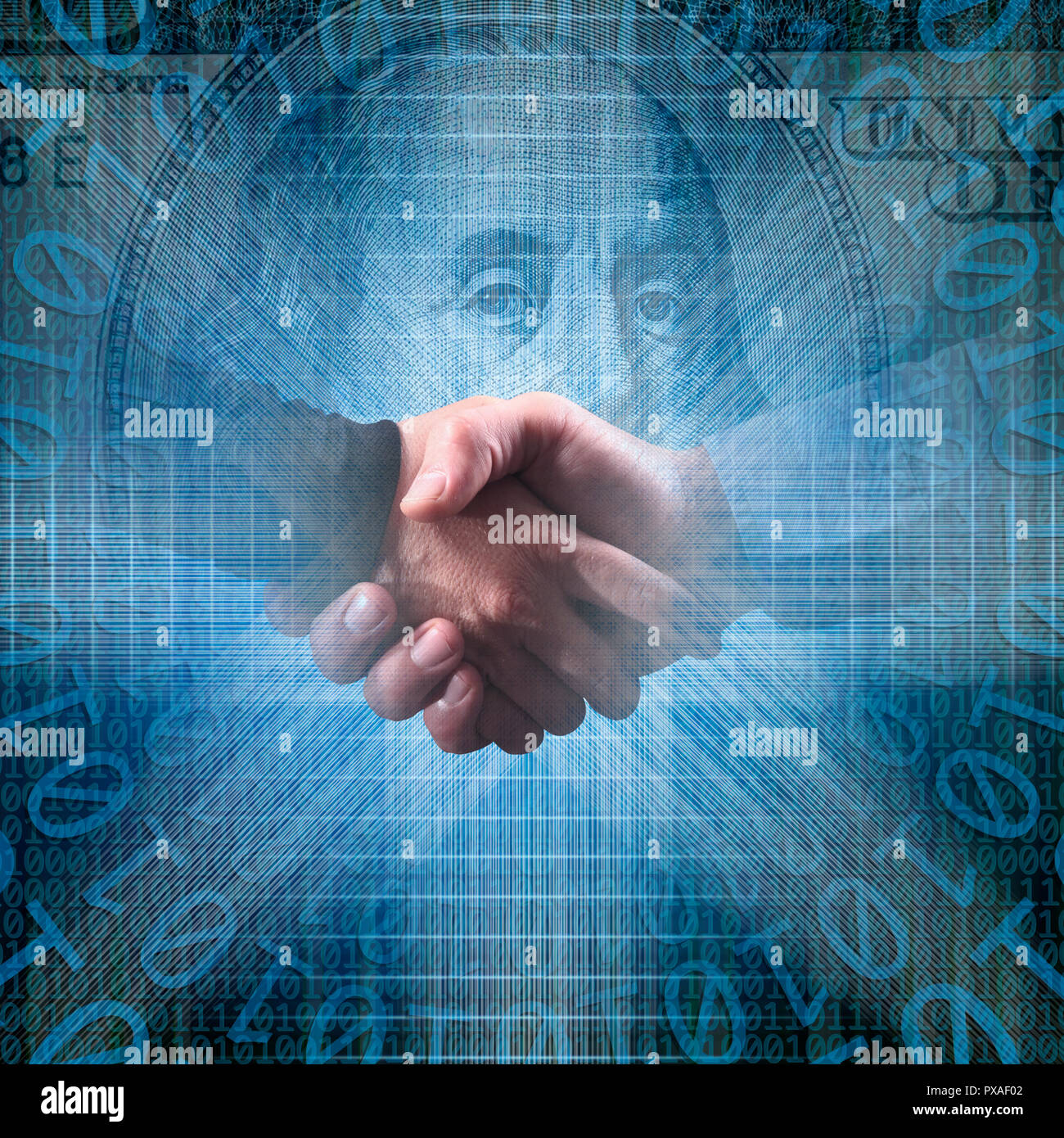 Close up conceptuel hommes d'handshake in abstract feux structurels avec le code binaire et de l'argent Banque D'Images