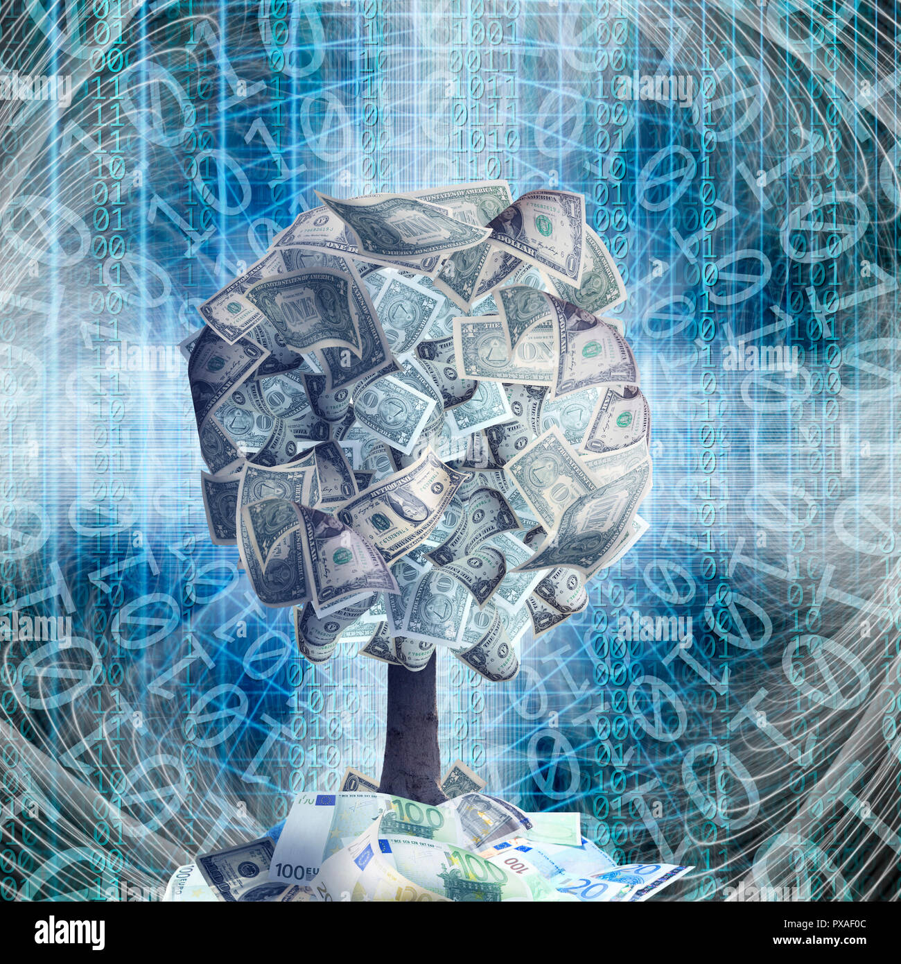 Arbre d'argent conceptuel avec dollar bills in abstract feux structurels avec le code binaire et de l'argent pile Banque D'Images