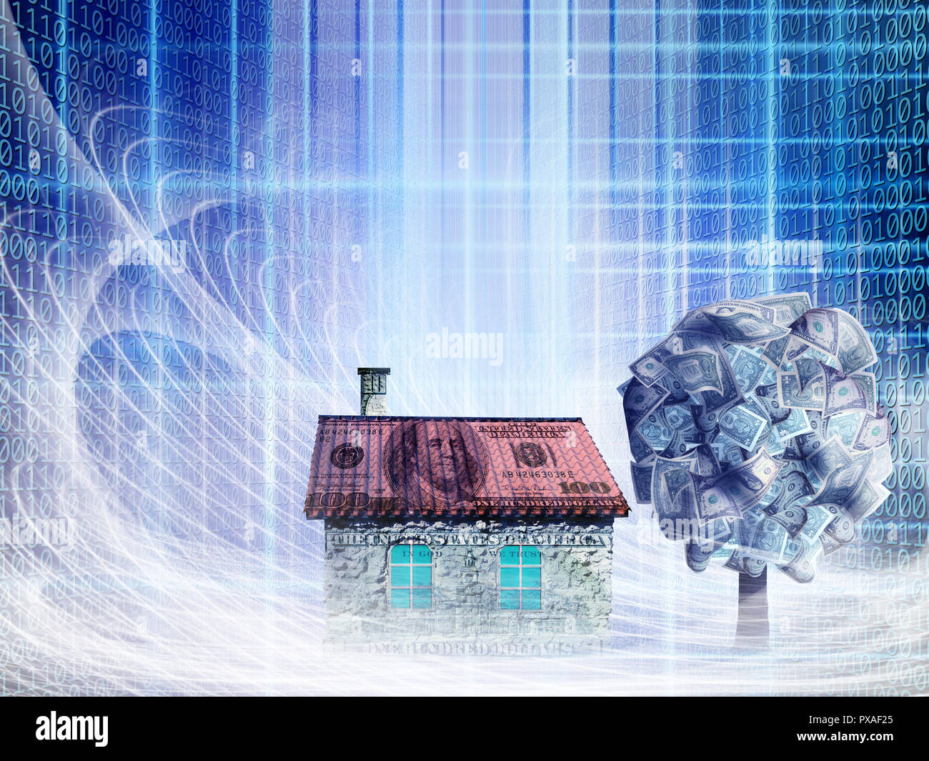 L'argent et de l'argent maison conceptuel arbre avec dollar bills in abstract feux structurels avec code binaire Banque D'Images
