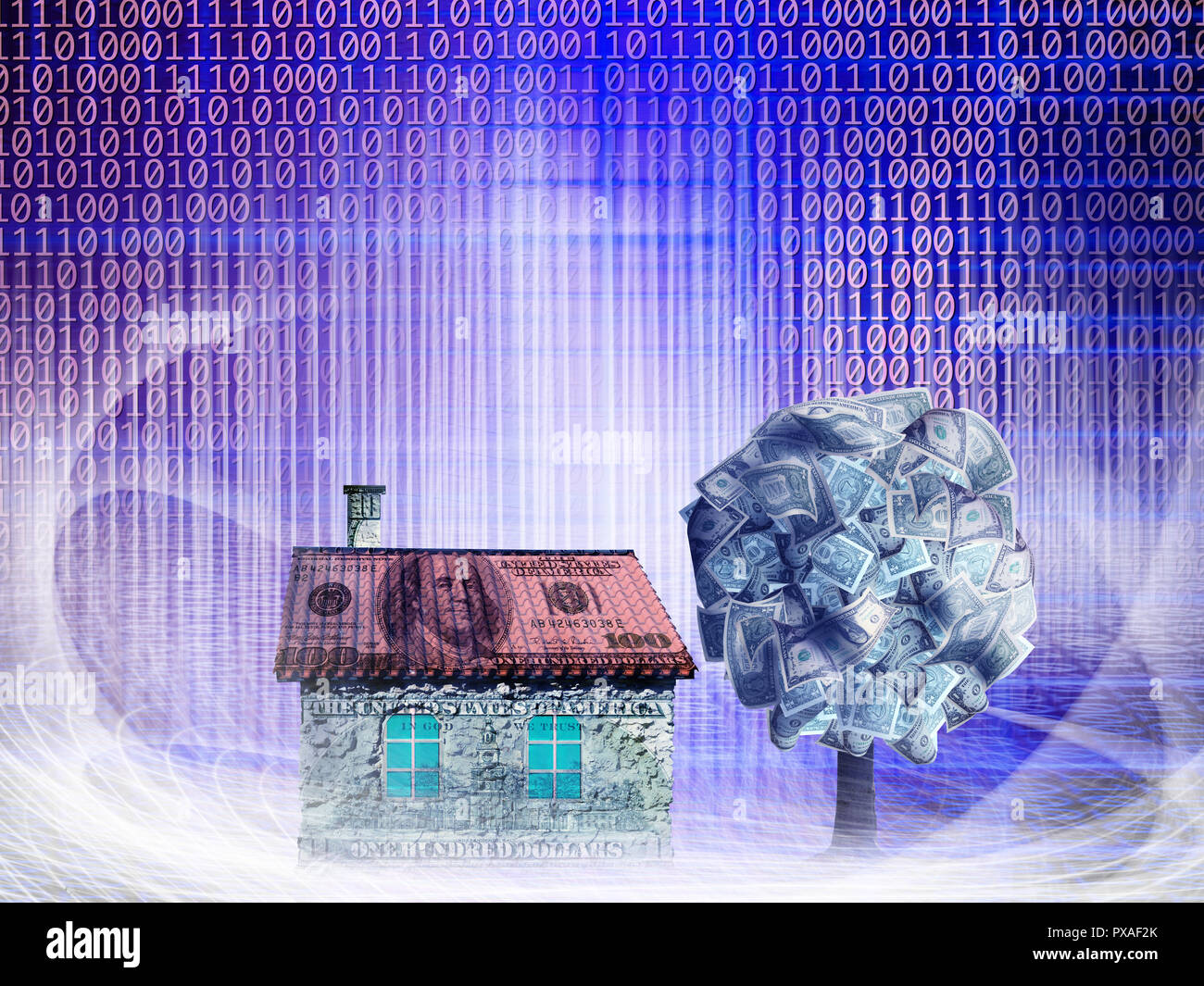 L'argent et de l'argent maison conceptuel arbre avec dollar bills in abstract feux structurels avec code binaire Banque D'Images
