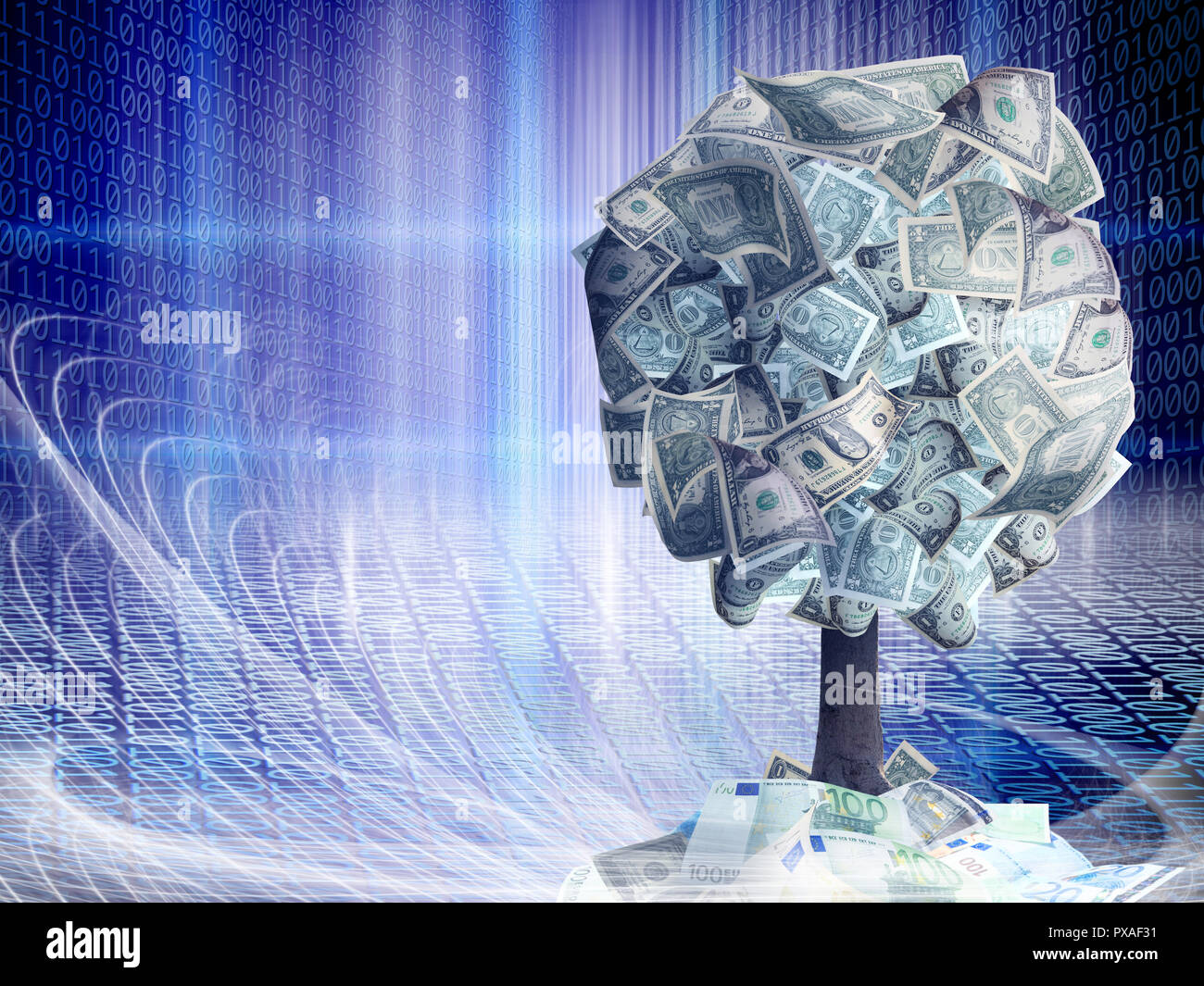 Arbre d'argent conceptuel avec dollar bills in abstract feux structurels avec code binaire Banque D'Images
