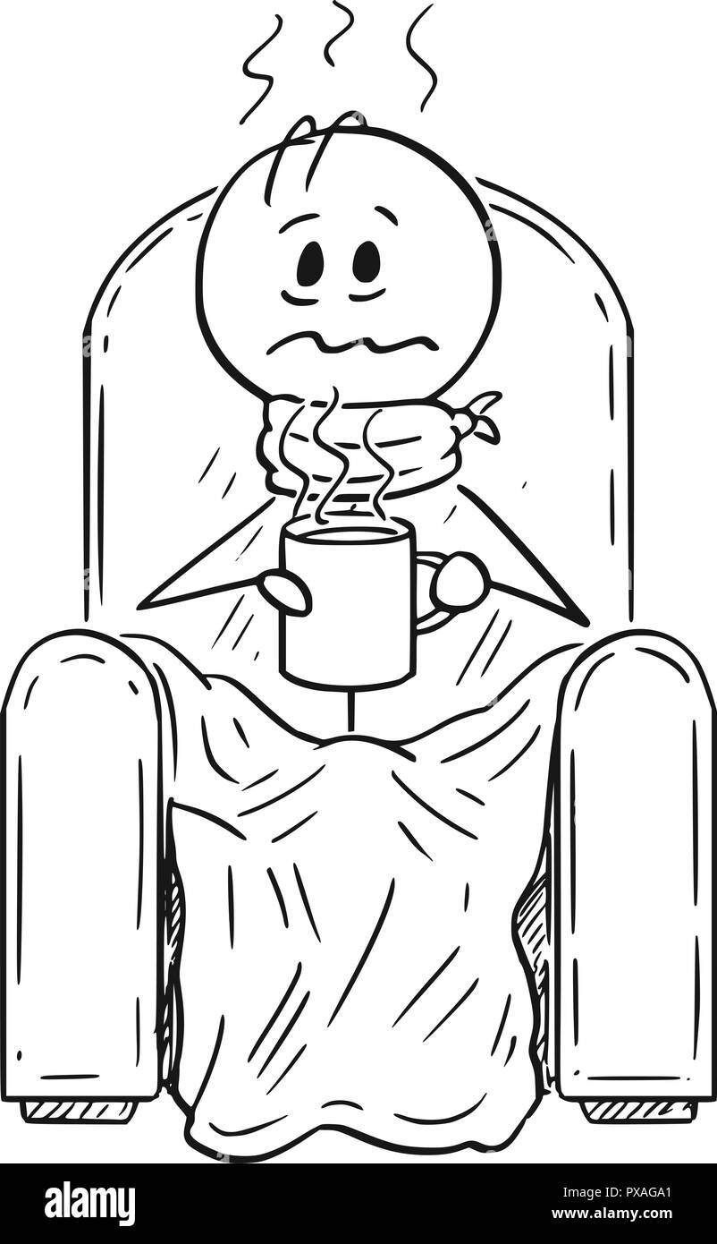 Caricature de l'homme malade de la grippe et de la fièvre Sitting in Armchair Illustration de Vecteur