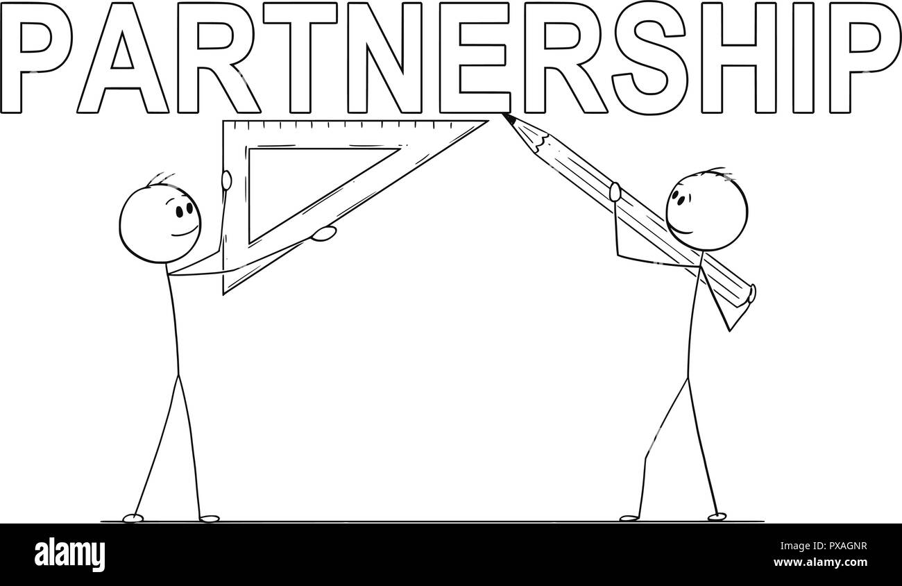 Caricature de Businessmen et Triangle Crayon Règle et écrit le texte de partenariat Illustration de Vecteur