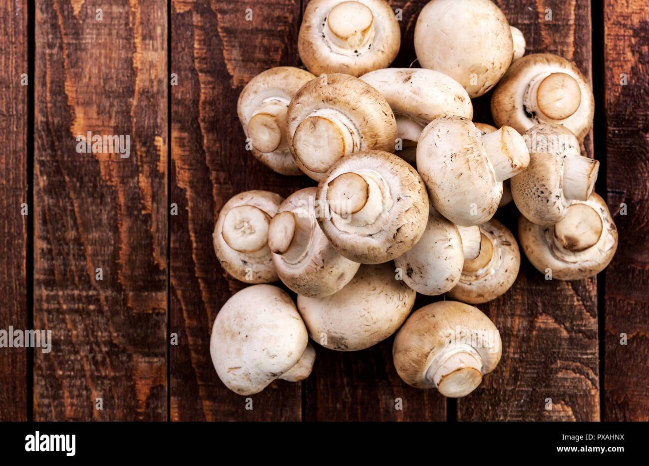 Champignon champignons frais sur la table en bois, vue du dessus. Copy space Banque D'Images