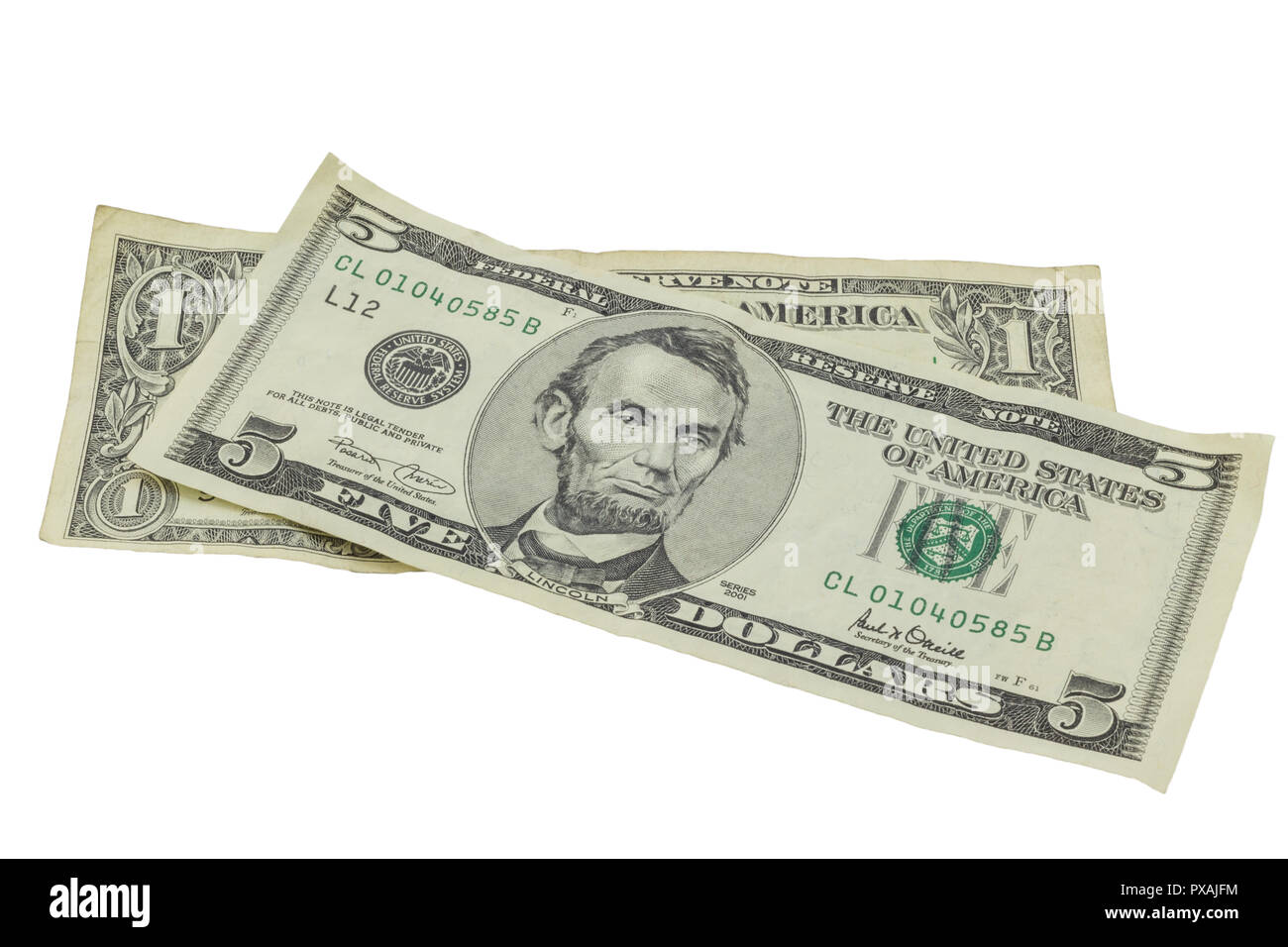 American dollar bills isolé sur fond blanc - bien utilisé un et cinq Dollar Bills Banque D'Images