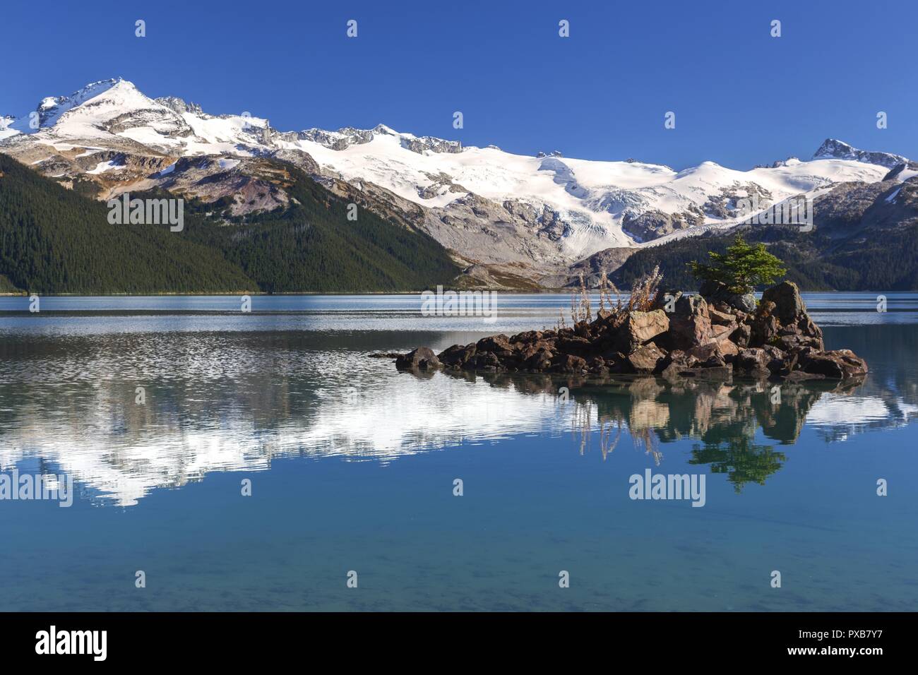 Pin Tree isolé sur Rock Island. Crêtes de montagne enneigées Garibaldi Lake Calm Water Reflections. Paysage pittoresque montagnes côtières Colombie-Britannique Canada Banque D'Images