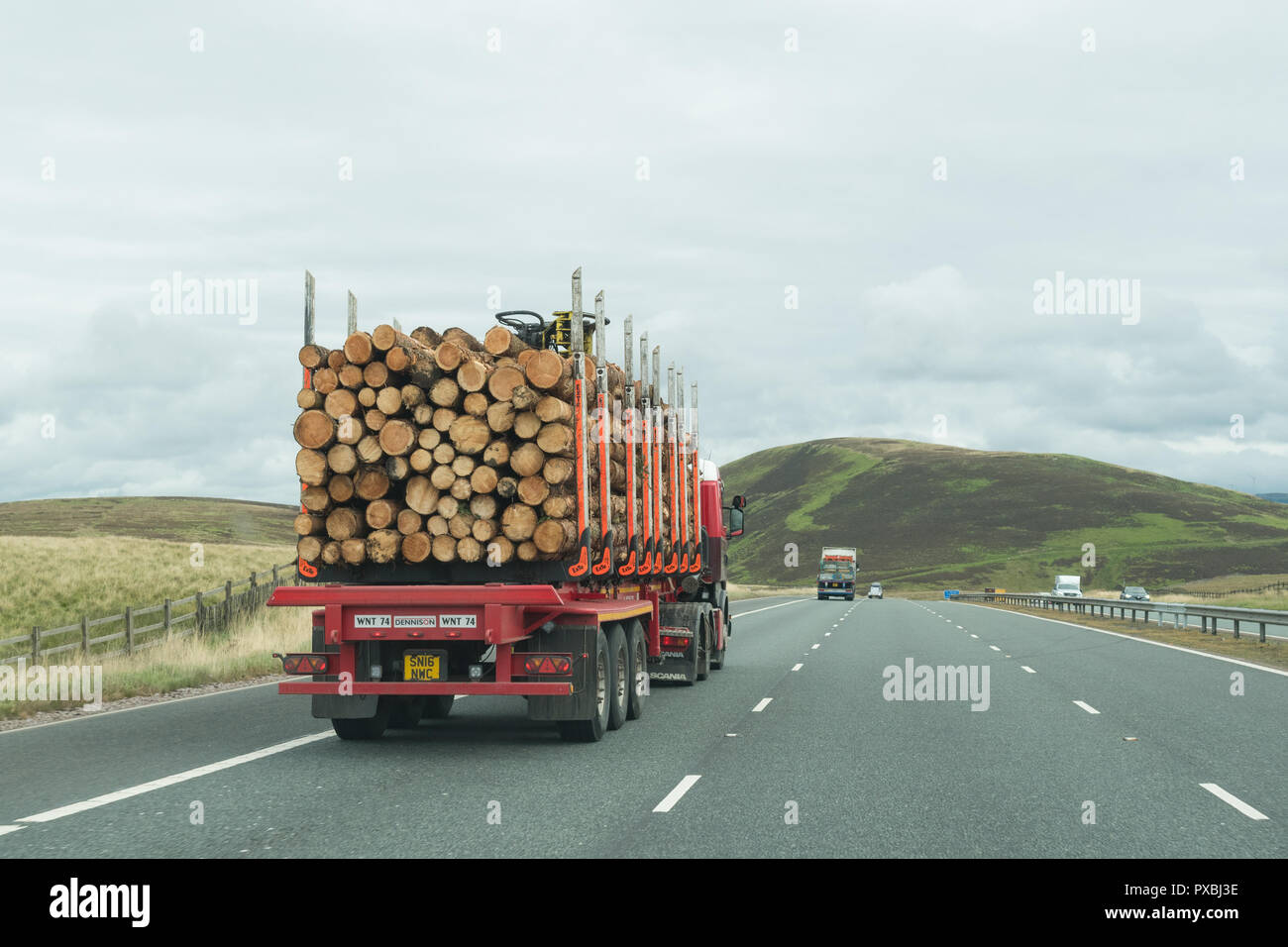 Camion de bois sur A74(M) la plus proche, Ecosse, Royaume-Uni Banque D'Images