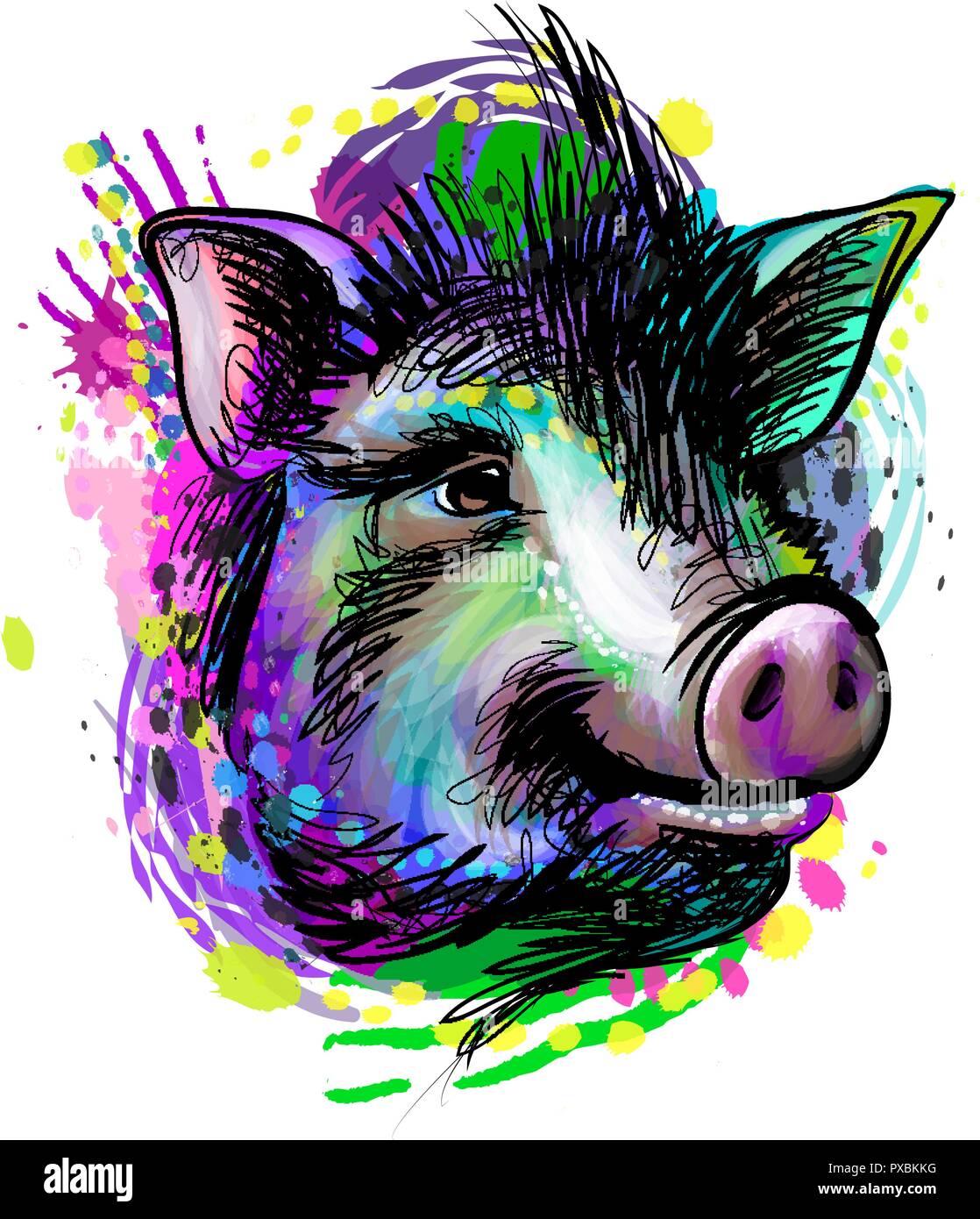 Portrait d'une tête de cochon. Signe du Zodiaque chinois de l'année Cochon Illustration de Vecteur