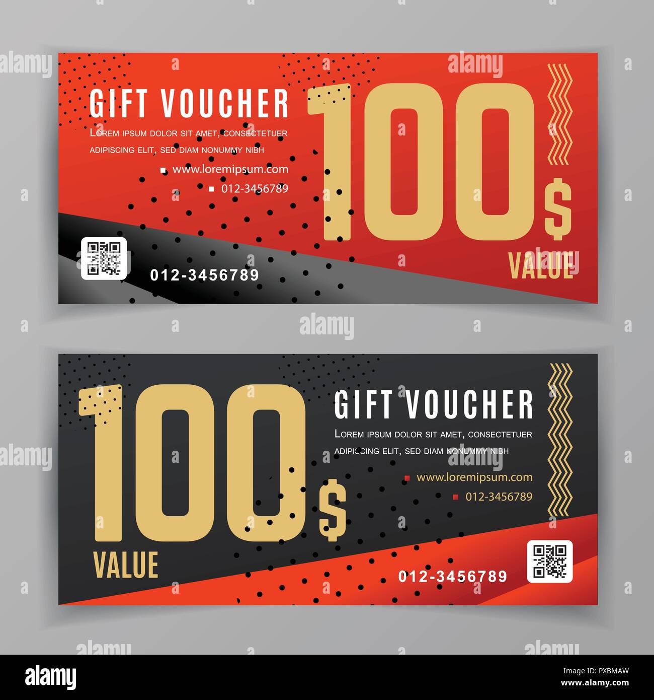 Chèque cadeau vecteur modèle. Flyer universel pour les entreprises. Or noir rouge formes abstraites pour des histoires, des cosmétiques, département vêtements. la technologie. Abstract background Illustration de Vecteur