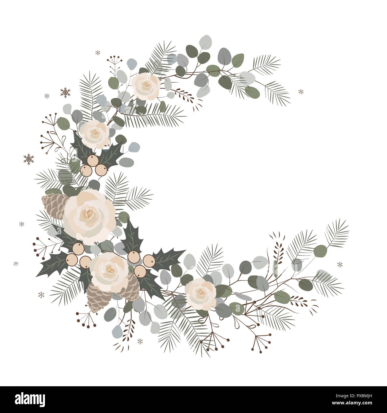 Joyeux Noël La conception de cartes. Décoration Nouvel An. Couronne d'hiver élégant avec des pins, des baies, des roses, et des branches d'eucalyptus sur fond noir. Vector Illustration de Vecteur