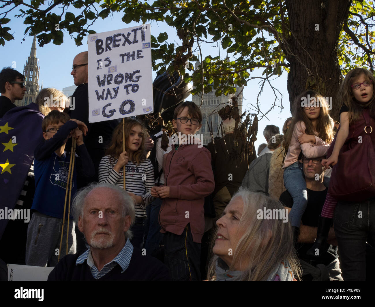 Vieux et jeunes en place du Parlement protester contre Brexit Banque D'Images