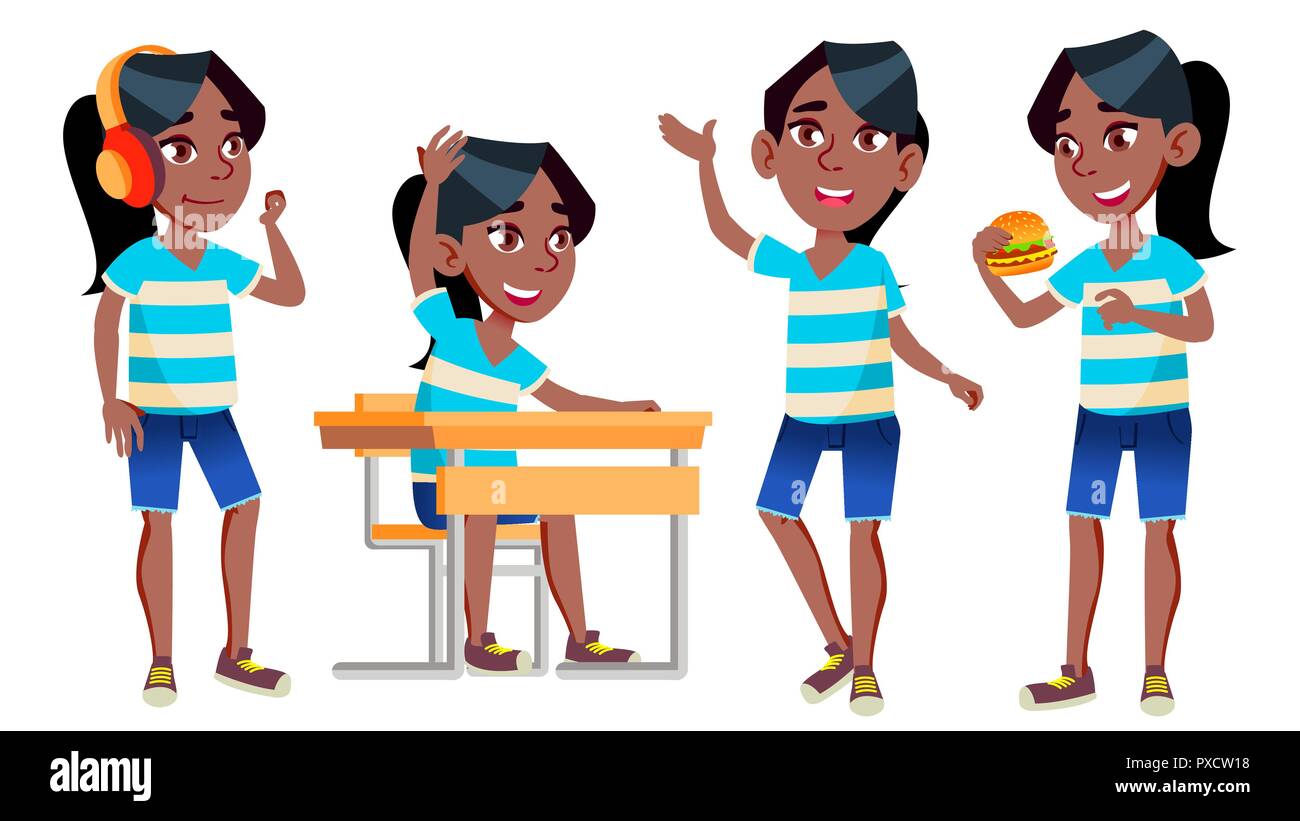 Jeune Fille Lyceenne Kid Pose Vecteur Noir L Afro Americain Enfant De L Ecole Secondaire Ecolier Septembre Les Ecoliers De L Adolescence Pour Le Web Brochure Conception De L Affiche Cartoon Illustration Isole Image Vectorielle Stock