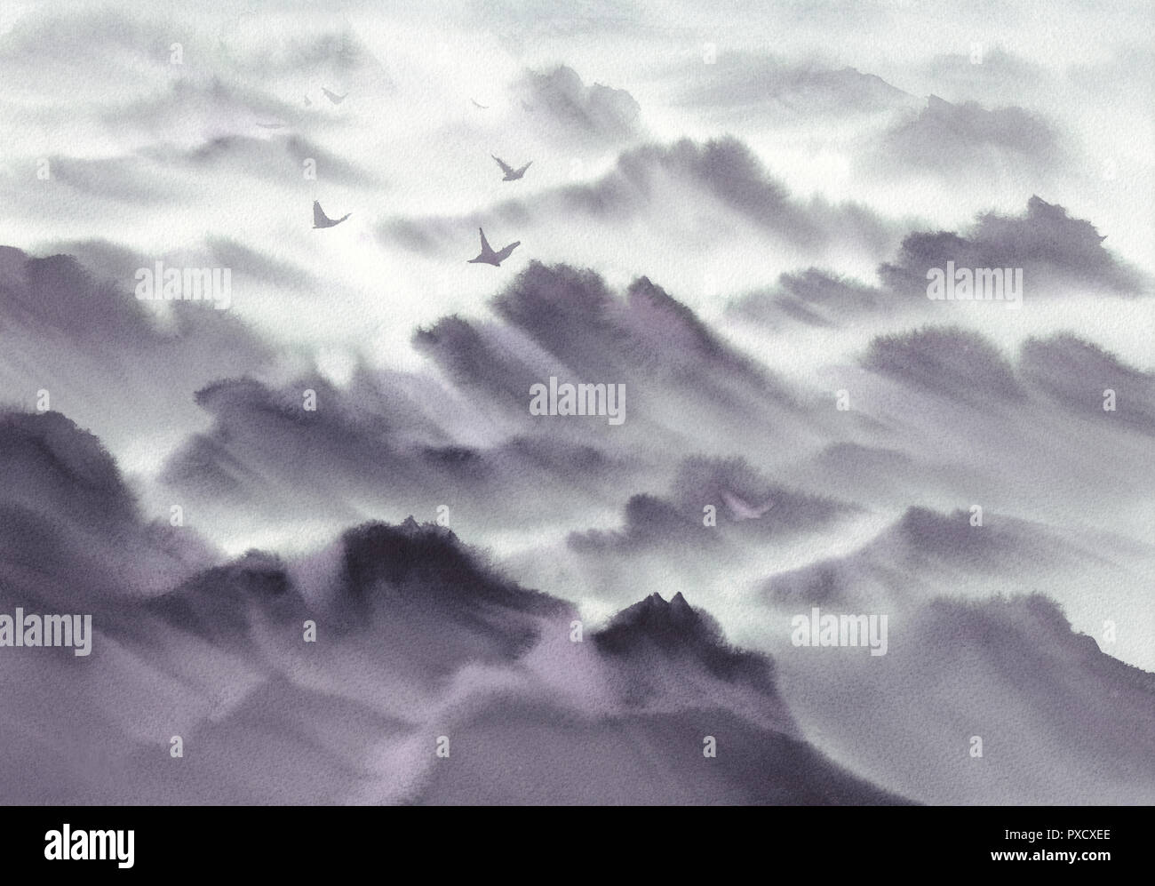 Contexte aquarelle paysage panoramique sur la montagne. Croquis gris peint à la main Banque D'Images
