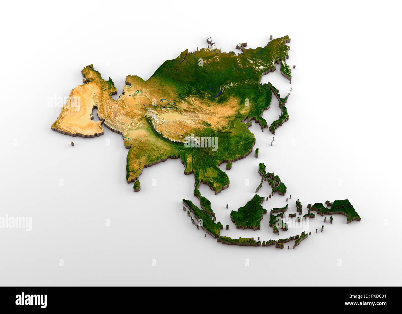 Extrudé 3D réaliste Plan de continent asiatique (y compris sous-continent indien, l'Asie, la Russie et le Moyen-Orient) Banque D'Images