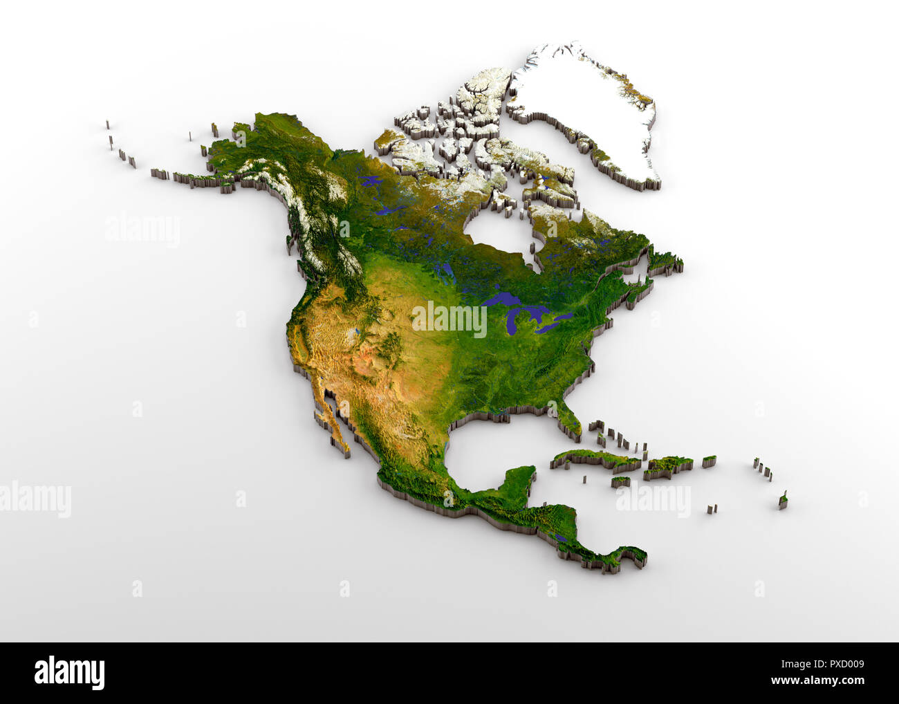 Extrudé 3D réaliste Carte de l'Amérique du Nord (Amérique du Nord, incluant l'Amérique centrale) Banque D'Images
