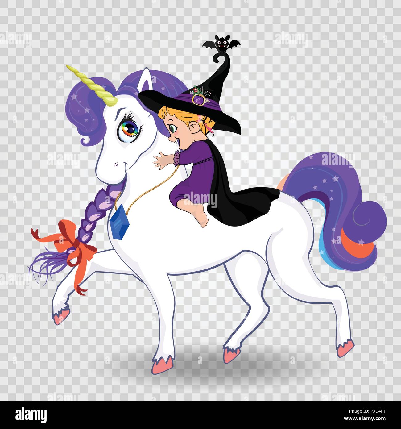 Mignon bébé fille sorcière dans black hat et costume violet équitation belle magie licorne isolés. Vector clip art Halloween caractères pour carte de souhaits Illustration de Vecteur